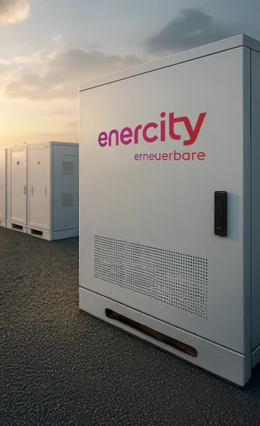 Außenansicht eines Batteriespeichers mit enercity erneuerbare Logo
